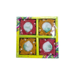 Painted clay diya with wax 4pcs
